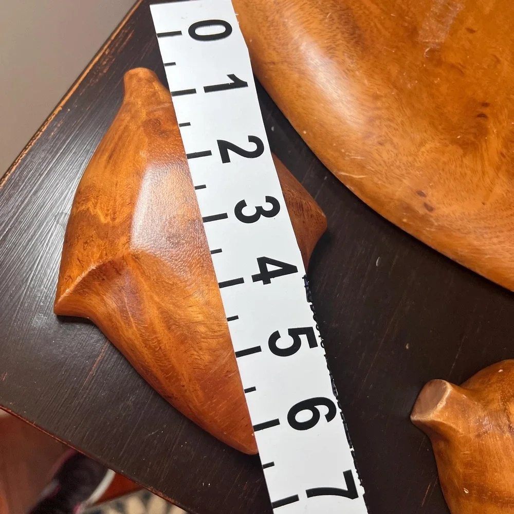 VTG Hand Carved Monkey Pod Wood Divided Serving Tray with 2 Leaf Snack Bowls mcm
